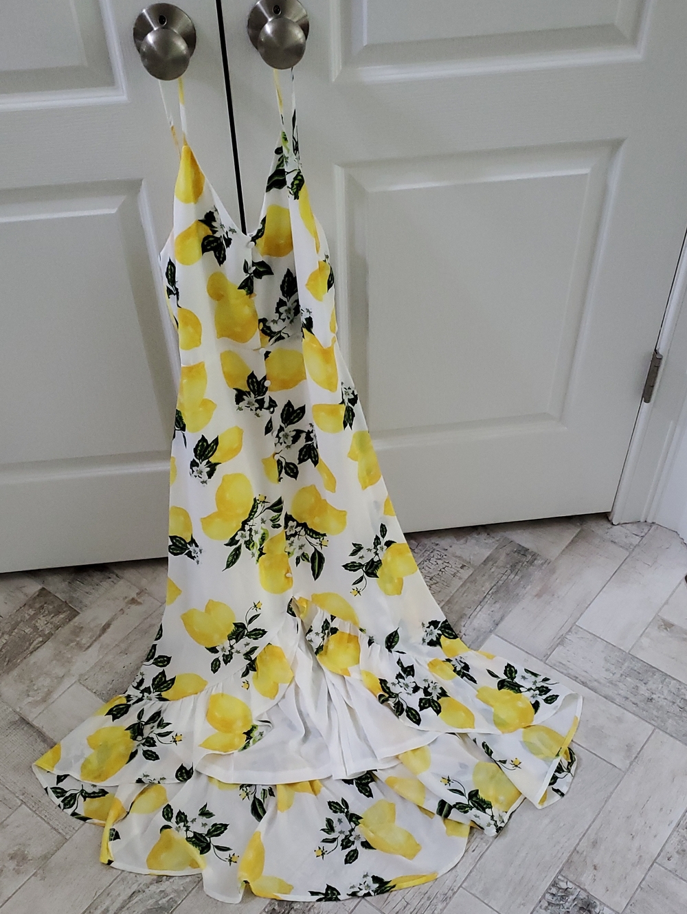 New Lulu's White Lemon-Print Maxi Slip Dress Ruffle Hem Accent Buttons Zippered